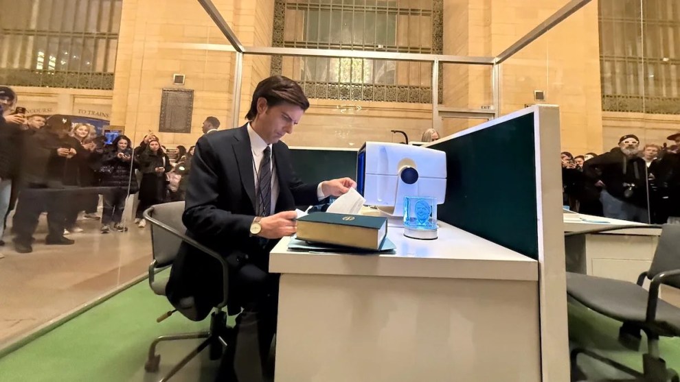 Adam Scott in "Severance" pop-up at Grand Central Station (Credit: Ben Stiller/X)